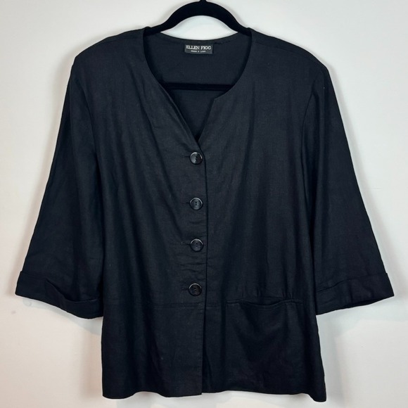 VTG Ellen Figg Womens Black Linen Blend Button Down 3/4 Sleeve Blouse SZ 16 USA - Picture 1 of 8